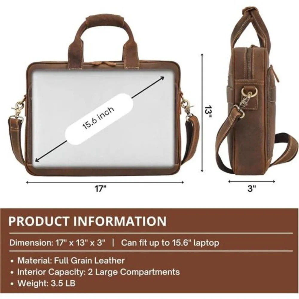 Men's Handcrafted Leather Laptop Bag, Dark Brown, Fits 15.6
